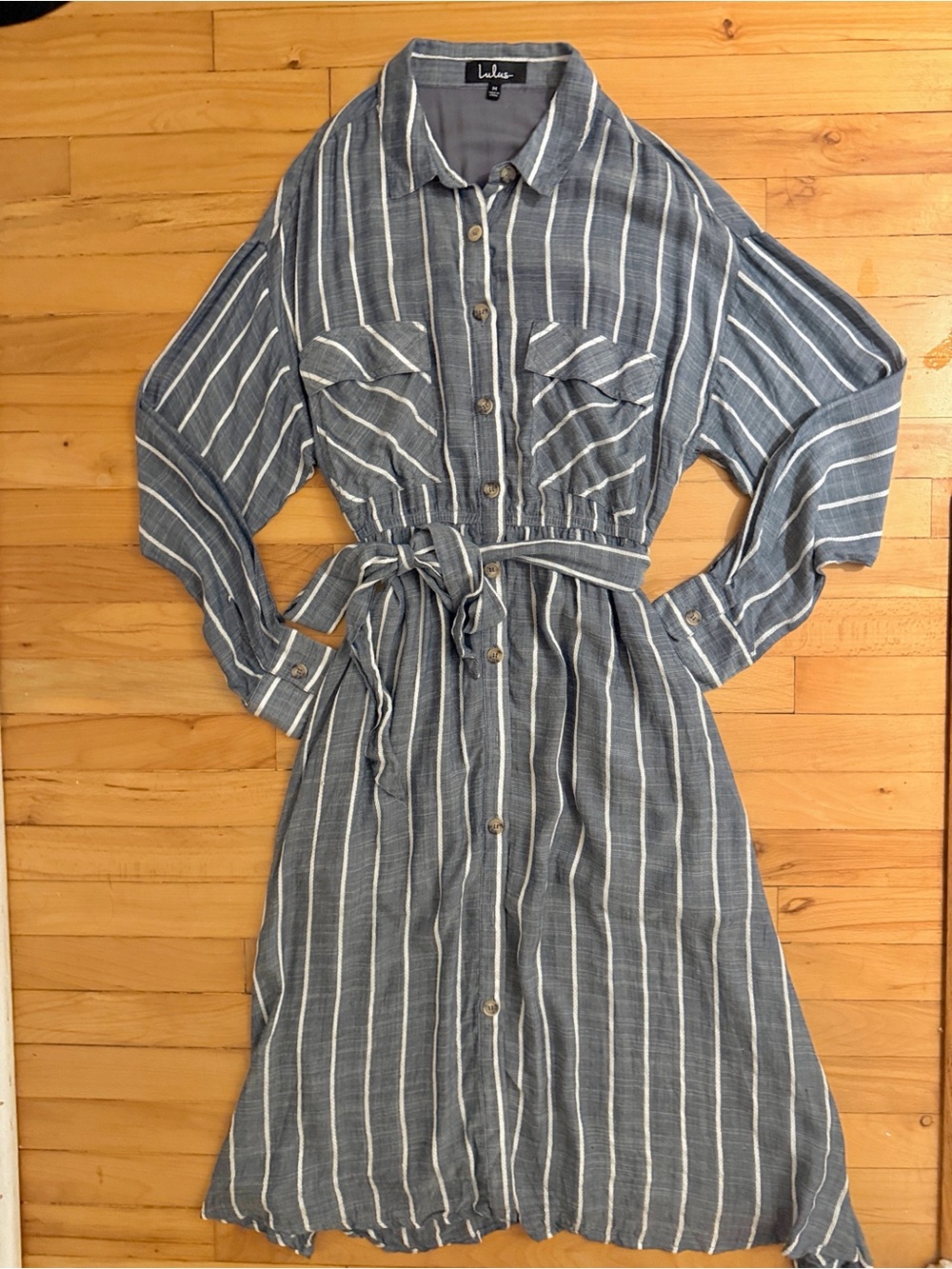 Lulu's Navy Blue & White Striped Midi Shirt Dress with Tie Waist